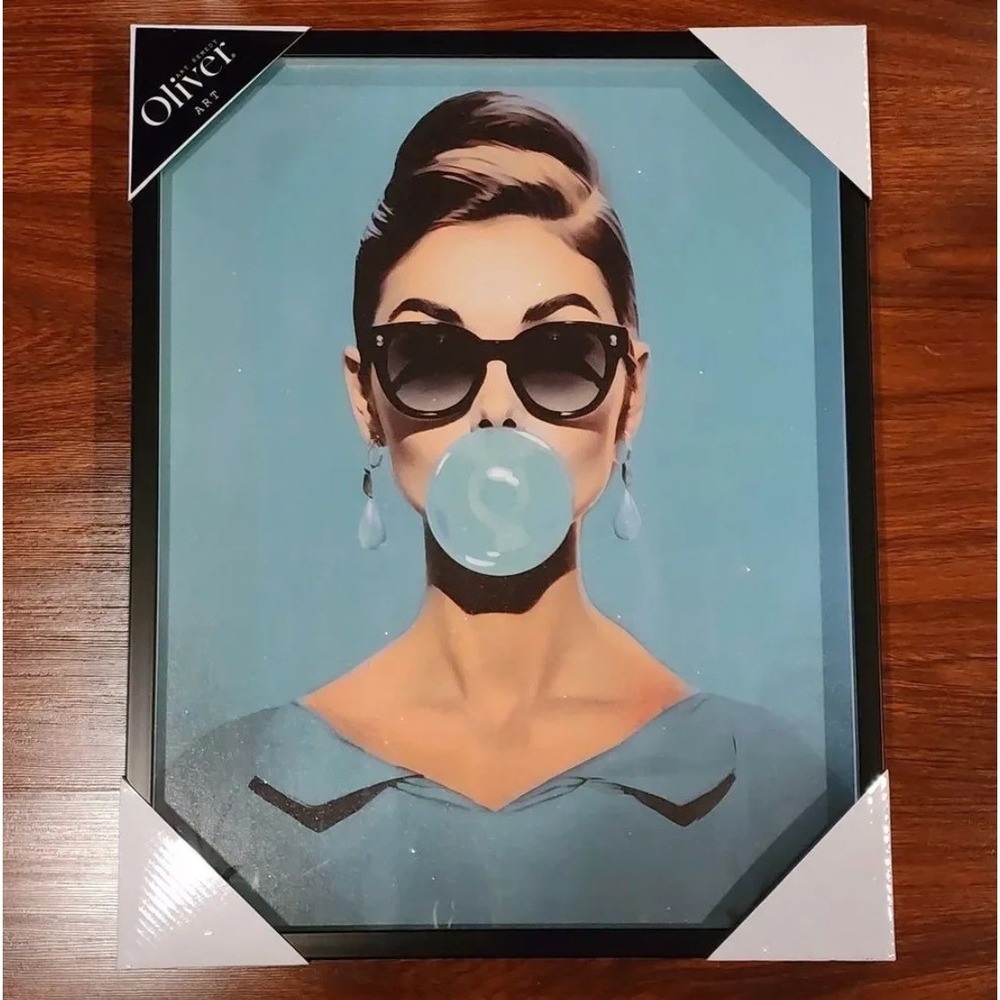Oliver Art Audrey Hepburn Blue Bubble Gum Pop Art Framed Wall Decor 16x20 New